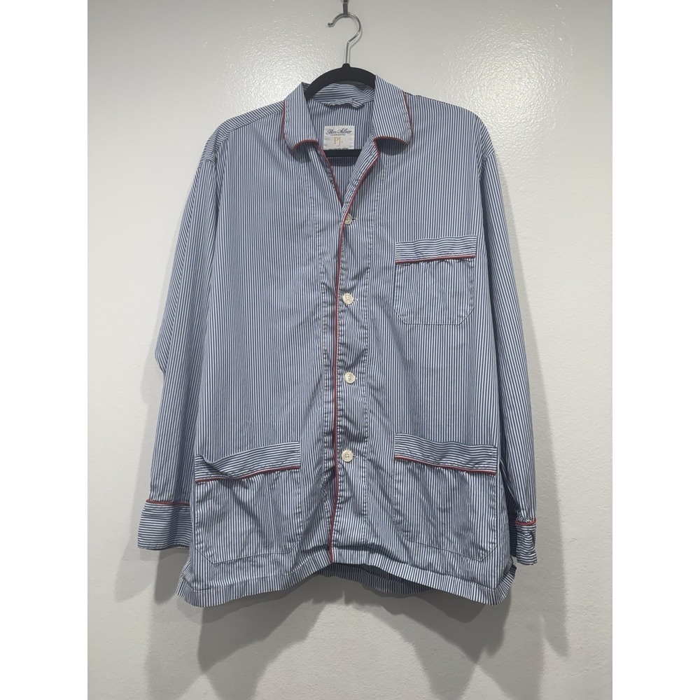 Ben Silver Charleston Pajama Shirt Large 2 Ply Cotton Striped Blue White FLAWED